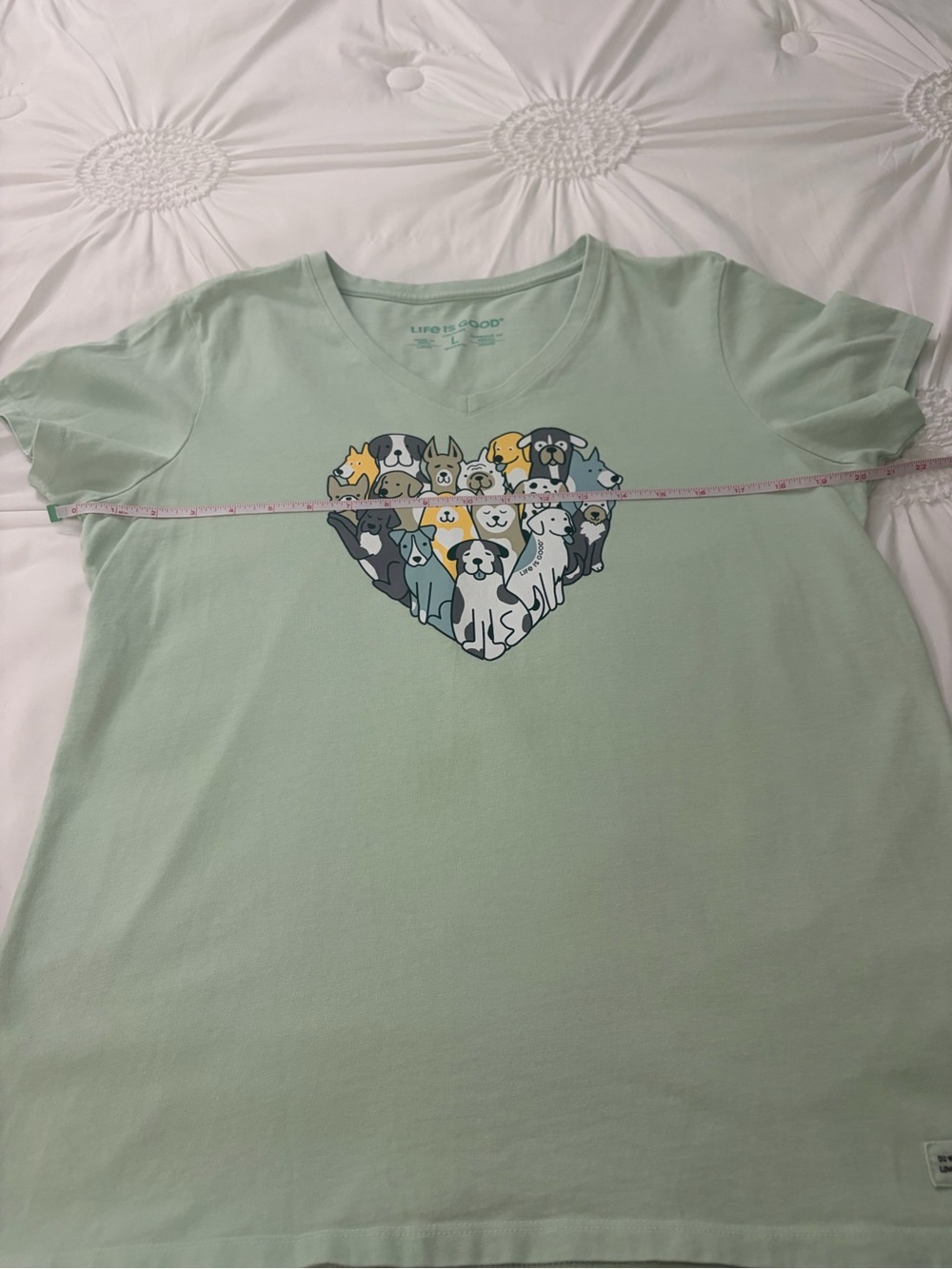 Life Is Good Mint Green V-Neck Tee with Heart Puppy Graphic - Picture 11 of 15